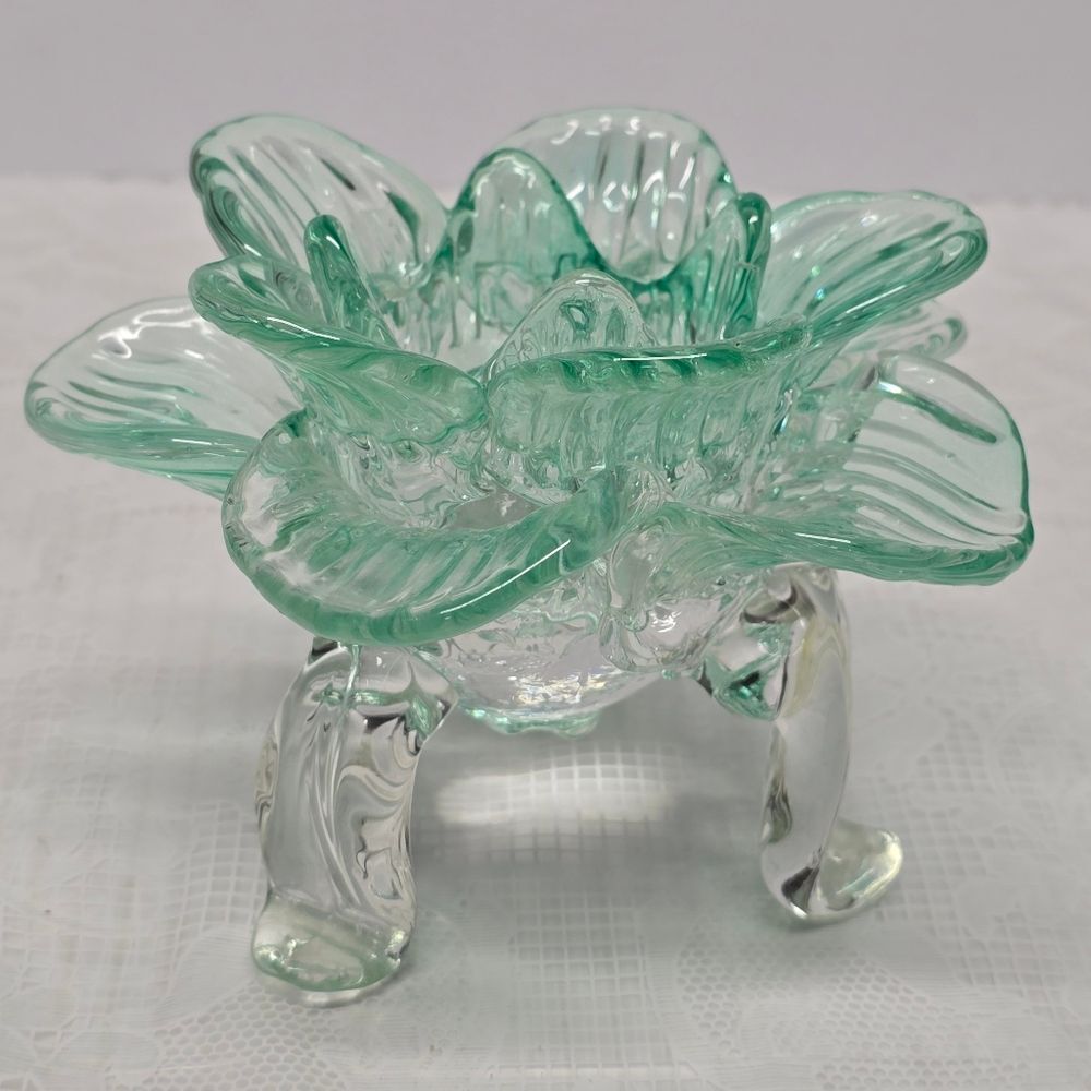 Vintage Teal Recycled Glass Footed Lotus Flower Candle Holder Art Deco Boho - Picture 2 of 11